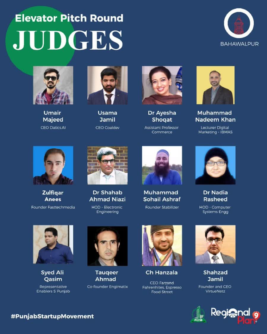 Regional Plan9's announcement of the Elevator Pitch Round judges for the Bahawalpur Launchpad, January 2022, with Umair Majeed listed first
