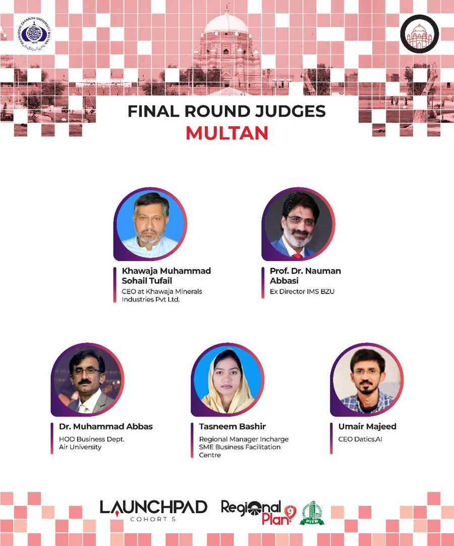 Regional Plan9's announcement of the Final Round judges for the Multan Launchpad, Cohort 5, July 2023, including Umair Majeed