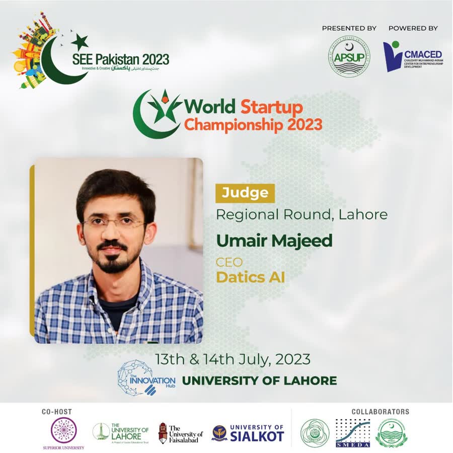 SEE Pakistan's announcement of Umair Majeed as a judge for the World Startup Championship 2023, Lahore, July 2023